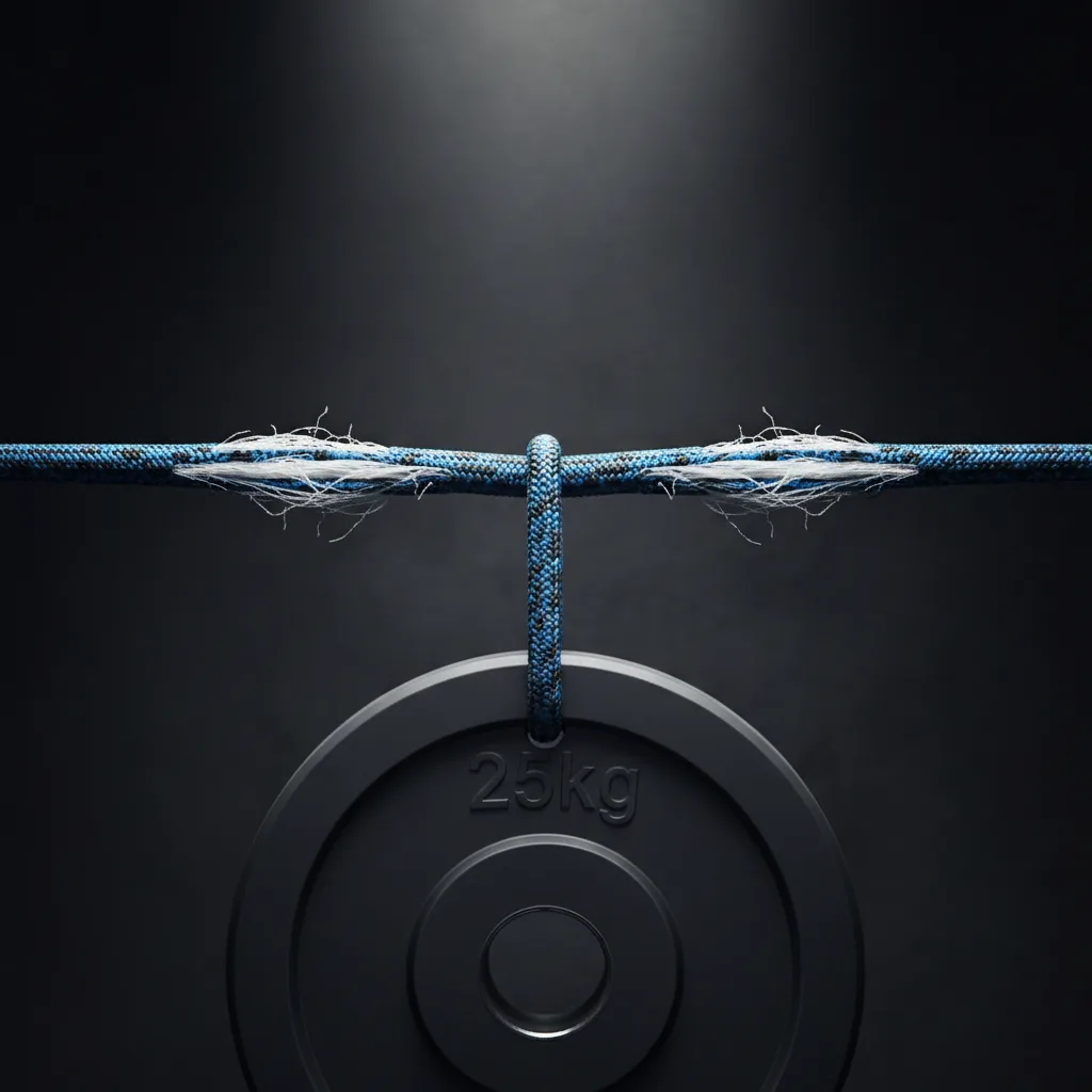 Close-up of 550 paracord under tension showing inner strand construction and outer sheath