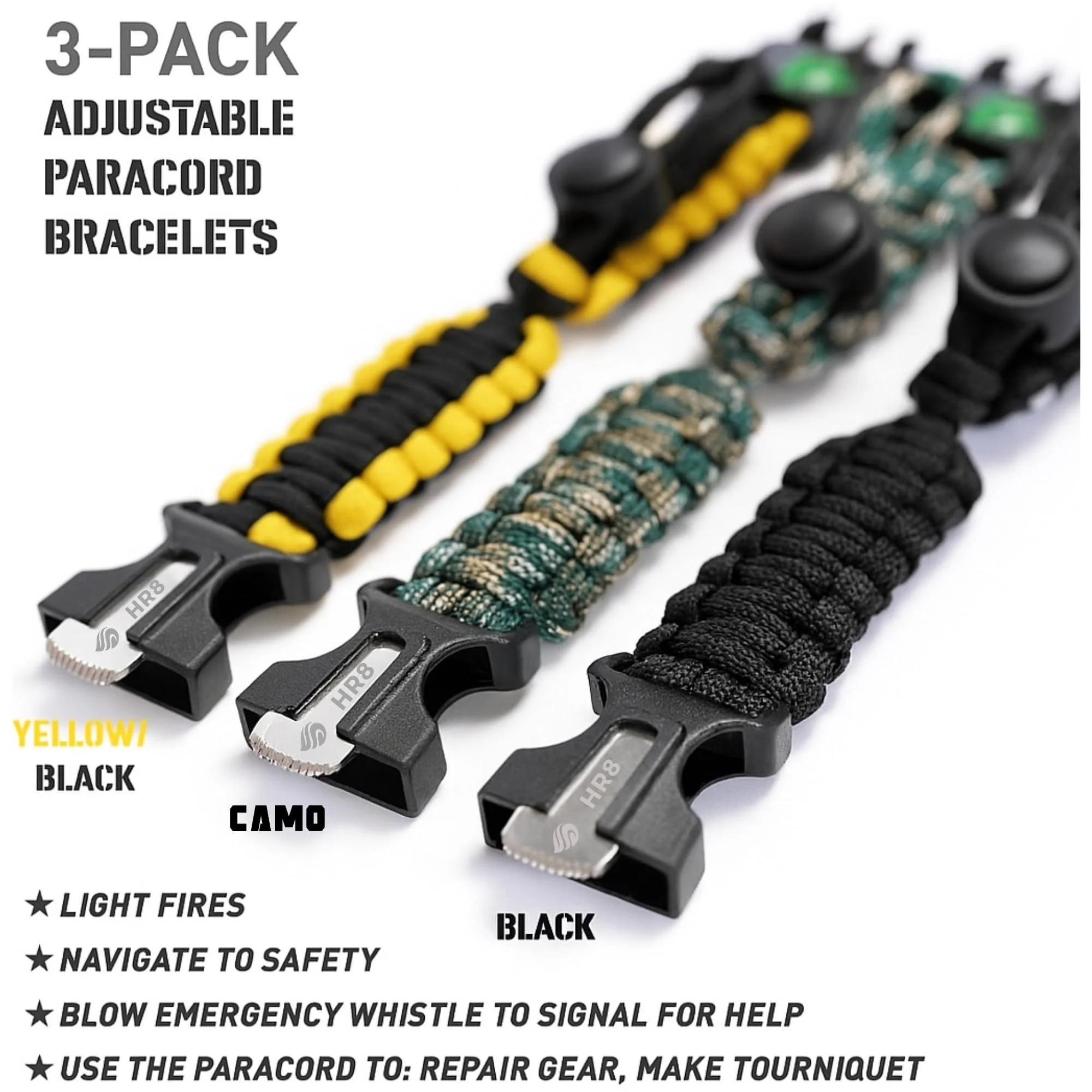 HR8 3-pack in camo, yellow/black, and black colors