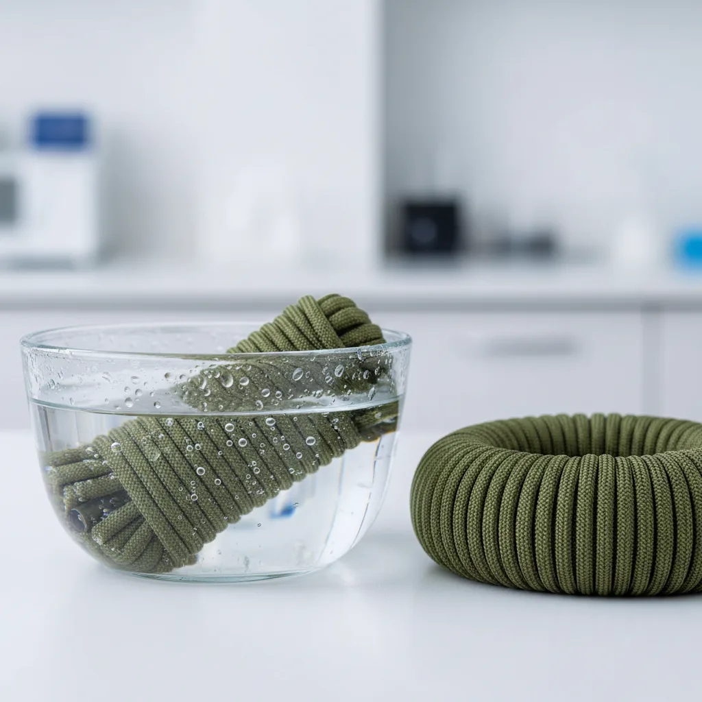 Paracord bracelet with water droplets on the surface demonstrating water absorption versus repellency