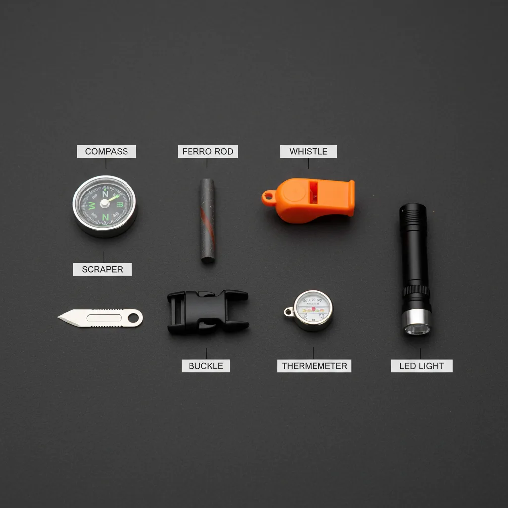 Close-up of survival bracelet buckle tools showing compass, fire starter, whistle, and scraper components