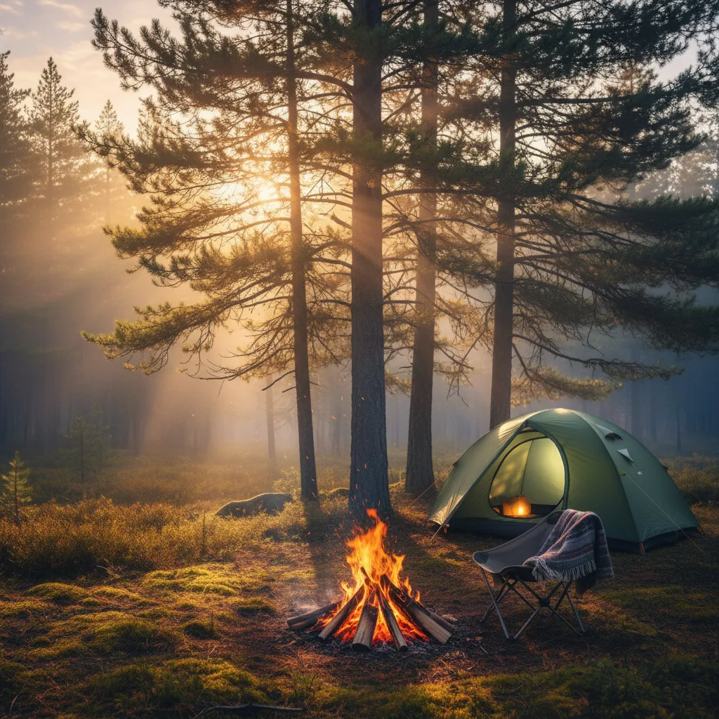Paracord survival bracelet laid out on a camping setup with tent and campfire in background