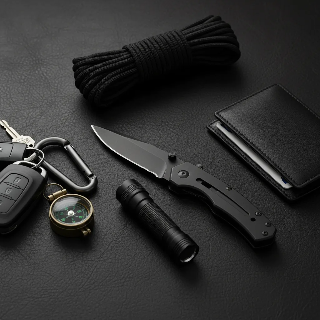 Paracord survival bracelet alongside everyday carry items including keys, wallet, and multi-tool on a desk