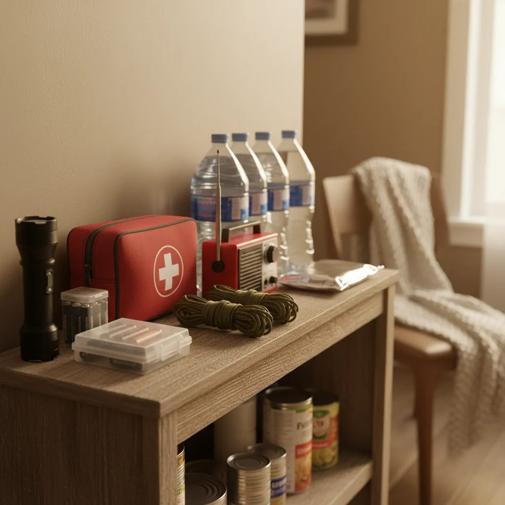 Paracord survival bracelet next to emergency preparedness supplies including flashlight, first aid kit, and emergency radio