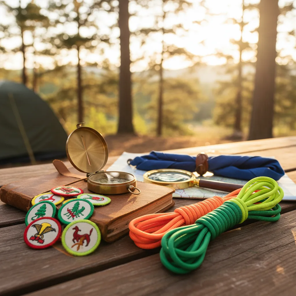 Colorful paracord survival bracelets laid out on a wooden picnic table at a scout camp setting