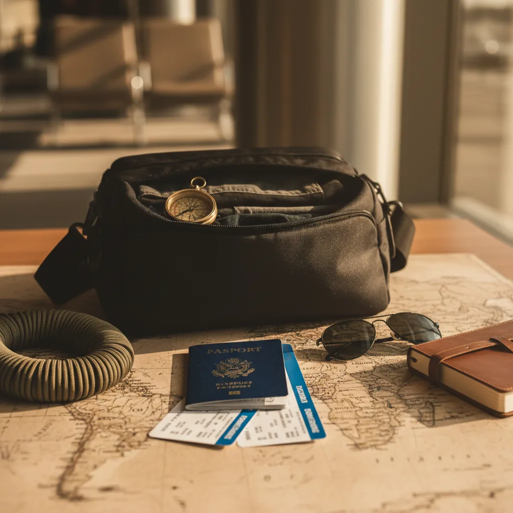 Paracord survival bracelet resting on a passport with a backpack and boarding pass in the background