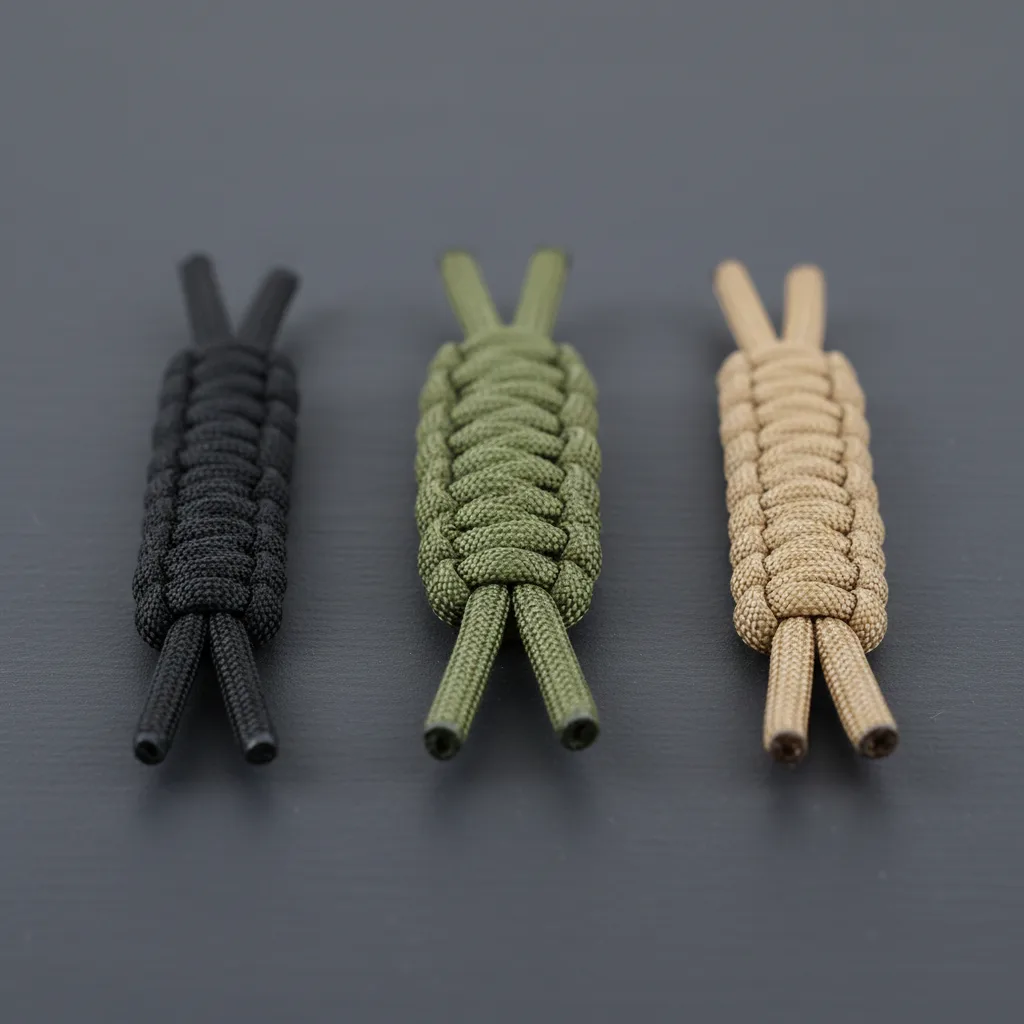 Close-up comparison of different paracord weave patterns showing cobra, king cobra, and fishtail knots